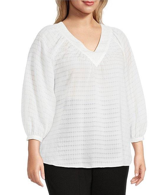 Slim Factor By Investments Plus Size Sloane Gauze V-Neck 3/4 Sleeve Top Product Image