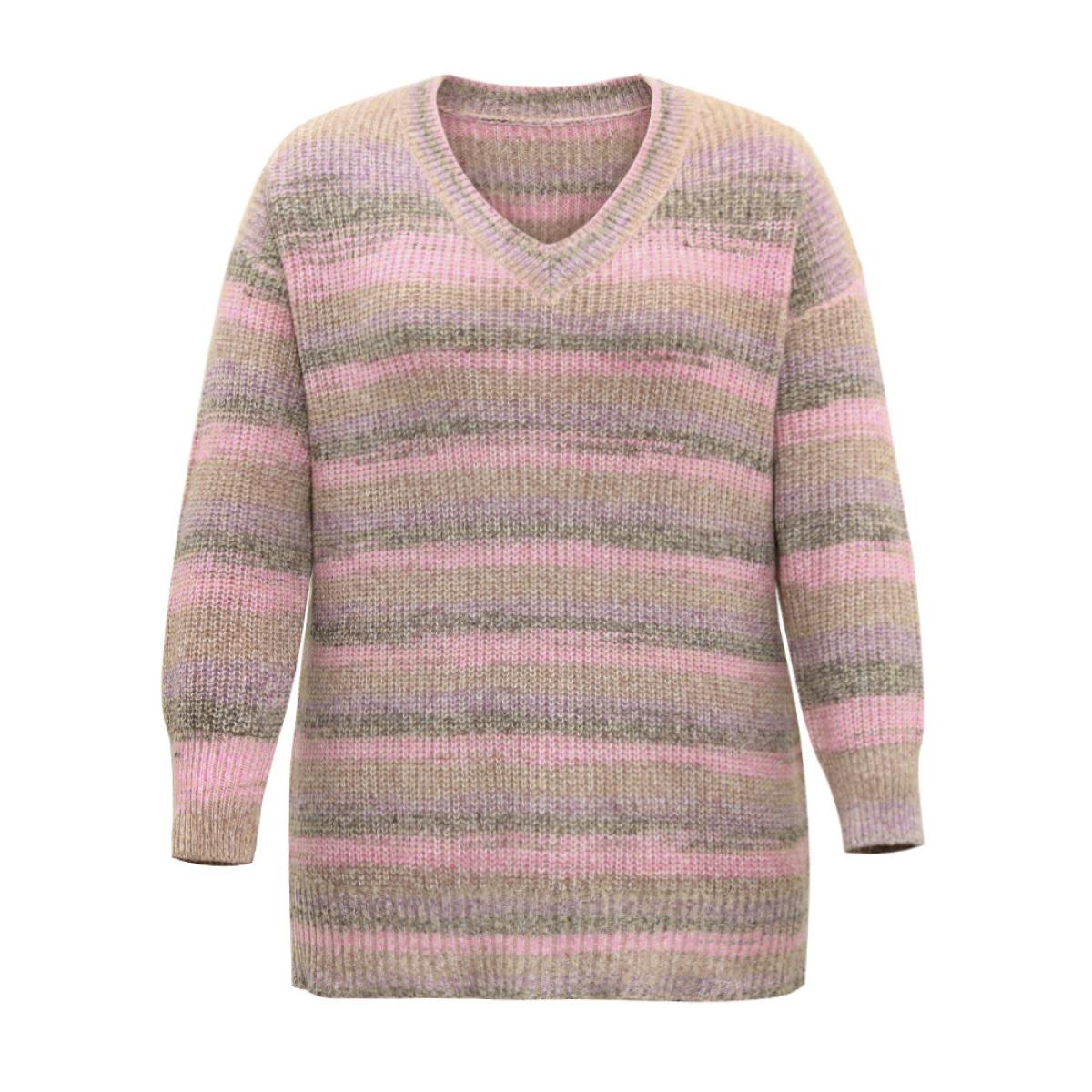 Plus Size Colorblock Ombre Heather Loose V Neck Pullover Multicolor Women Casual Loose Long Sleeve V-neck Everyday Pullovers BloomChic 18-20/2X Product Image