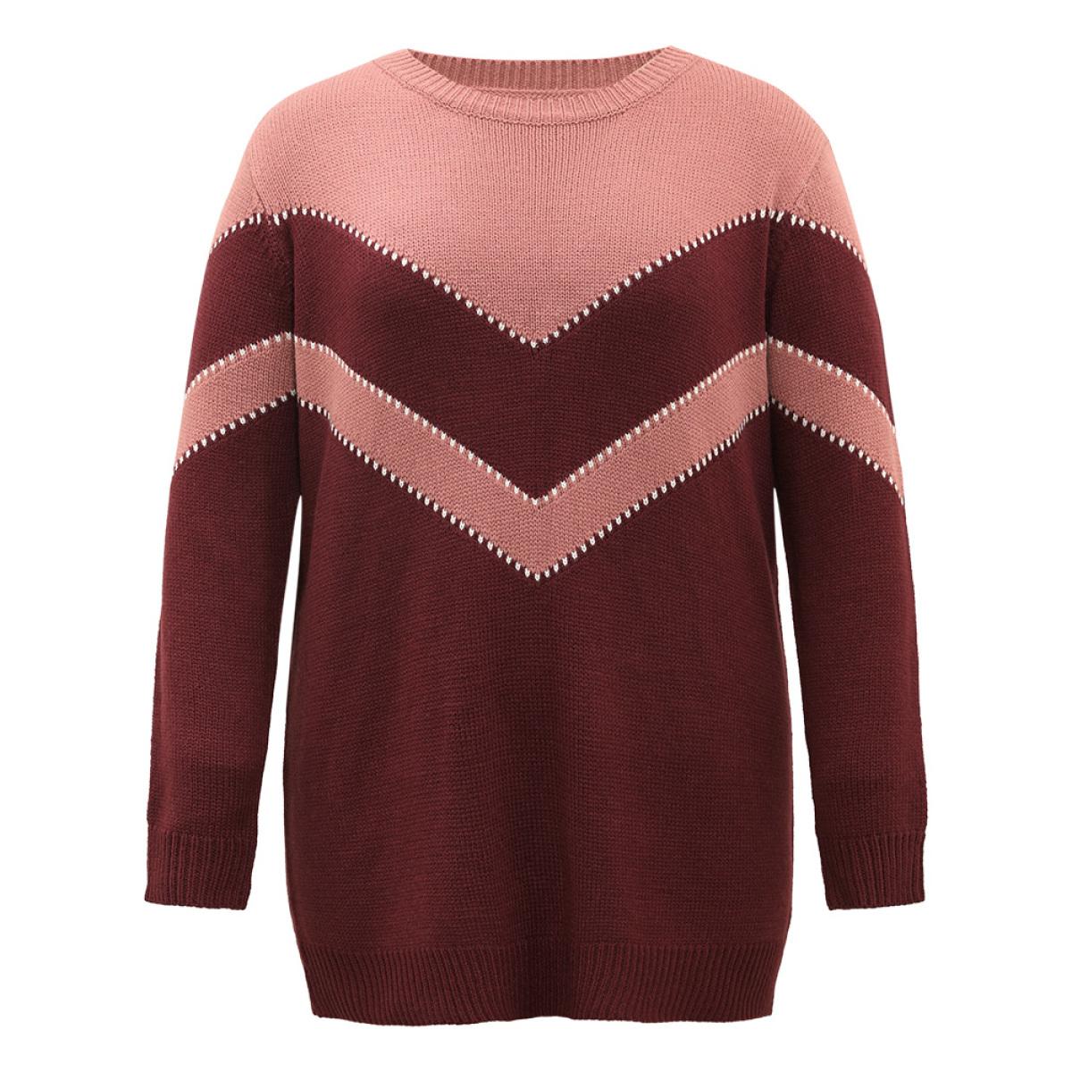 Plus Size Colorblock Contrast Round Neck Pullover Burgundy Women Casual Loose Long Sleeve Round Neck Dailywear Pullovers BloomChic 30/6X Product Image