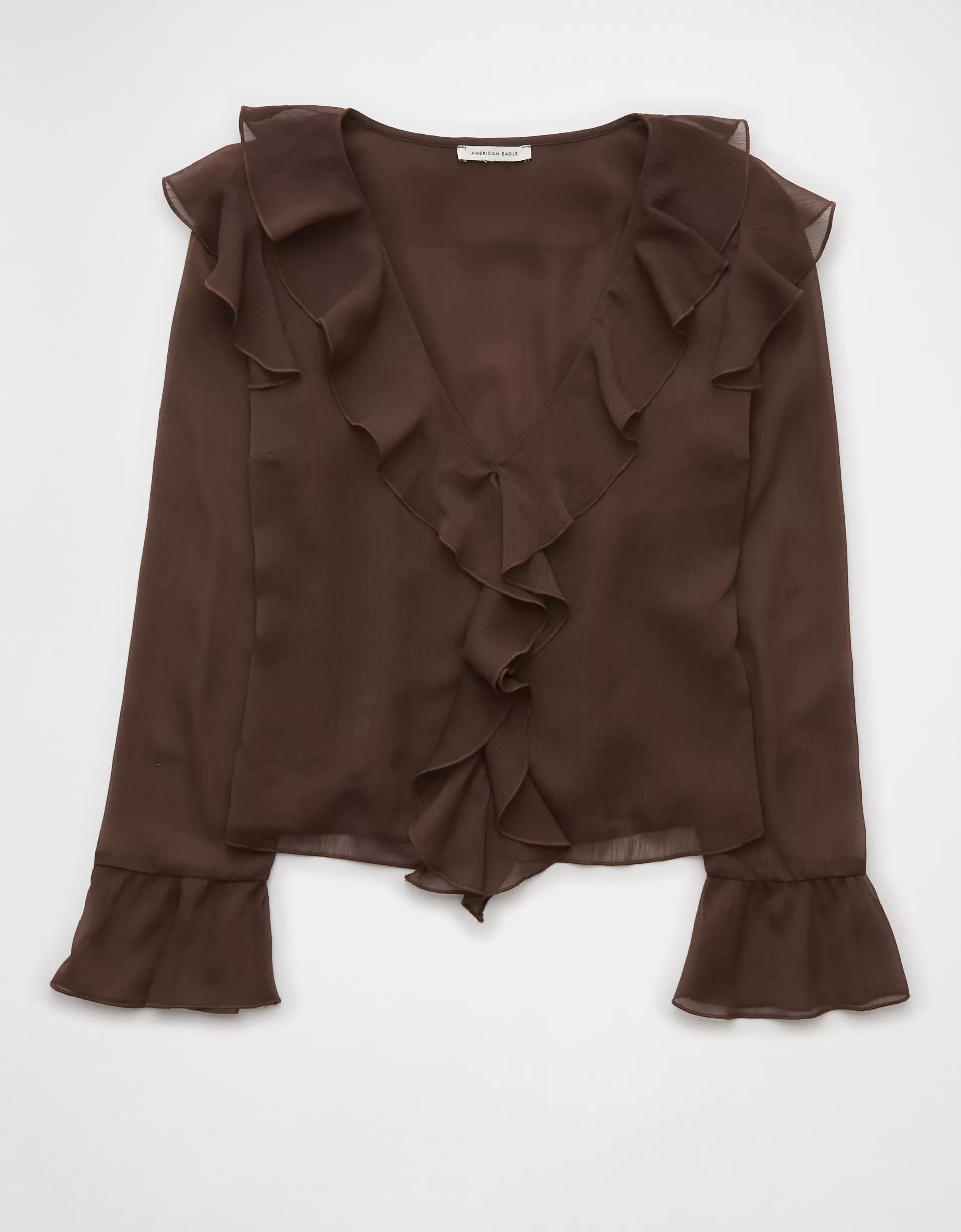 AE Chiffon Bell Sleeve Ruffle Blouse Product Image