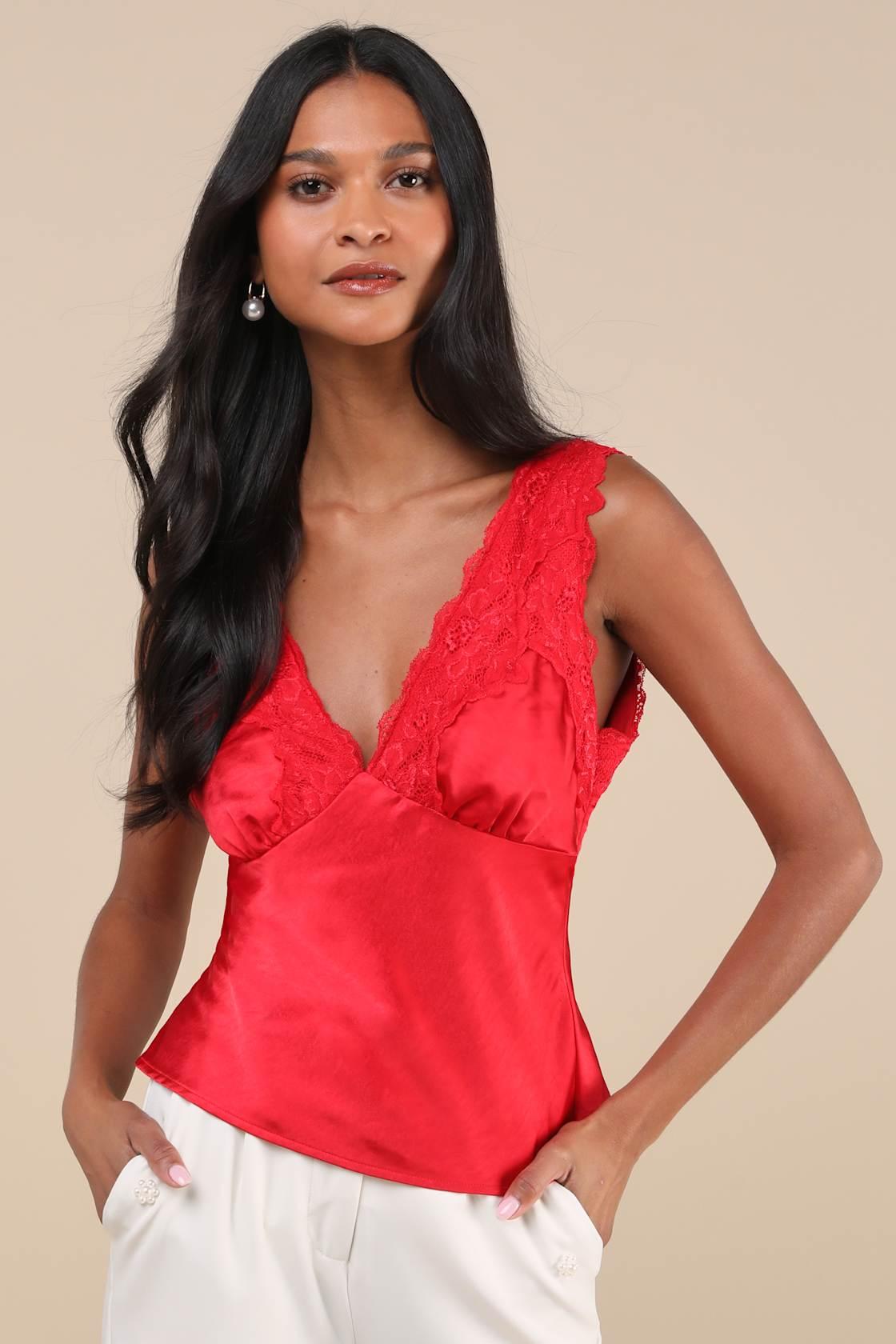 Wildly Perfect Red Satin Lace V-Neck Tank Top Product Image
