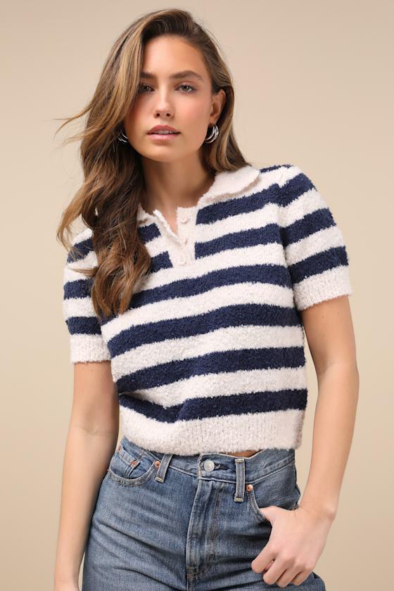 Cozy Expert Ivory and Navy Striped Short Sleeve Sweater Top Product Image
