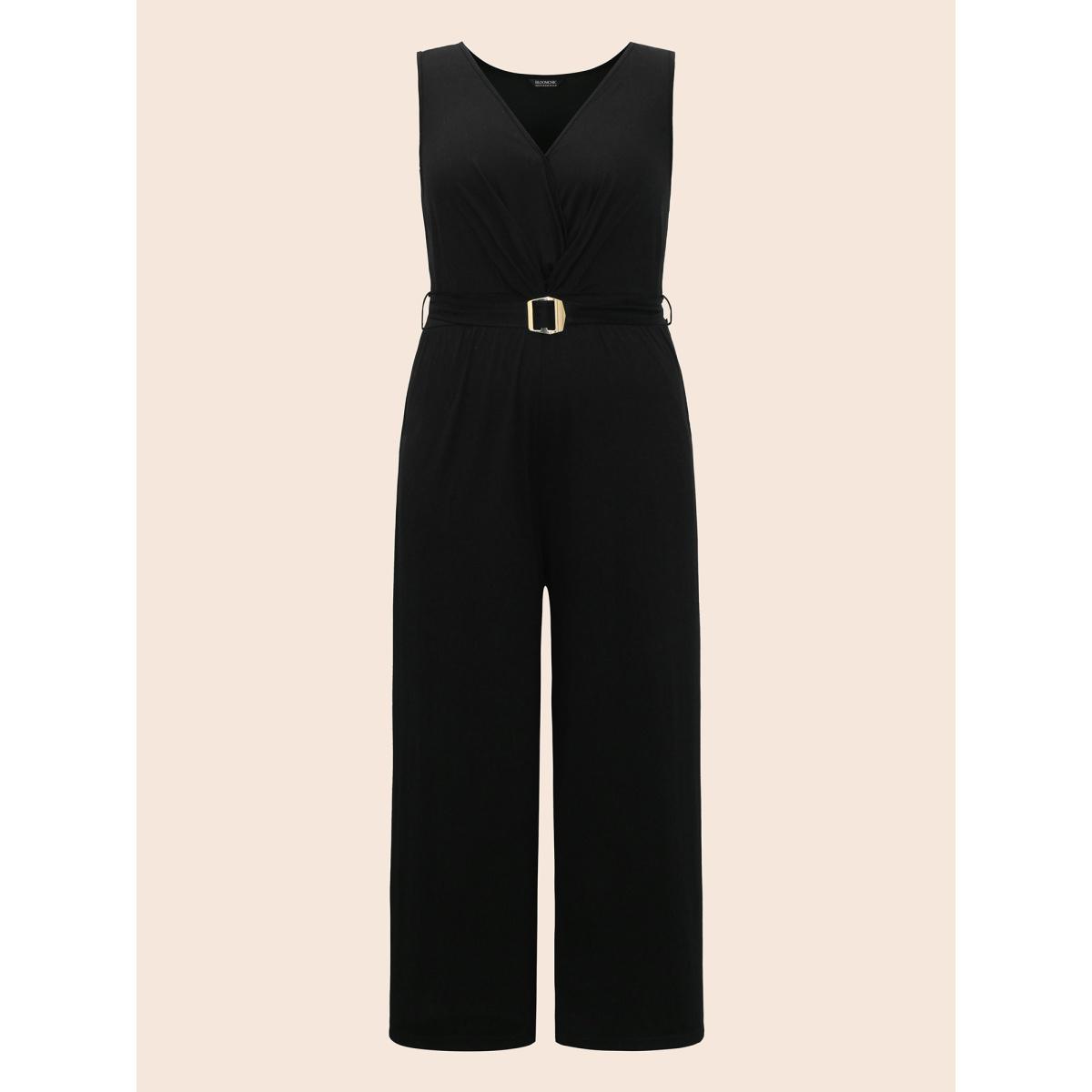 Plus Size Black Overlap Collar Metal Detail Belted Jumpsuit Women Elegant Sleeveless Overlap Collar Everyday Loose Jumpsuits BloomChic 18-20/2X Product Image