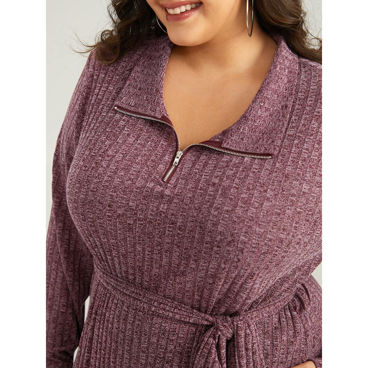 Plus Size Solid Belted Rib Knit Half Zipper Dress Scarlet Women Casual Texture Lapel Collar Long Sleeve Curvy Midi Dress BloomChic 22-24/3X Product Image