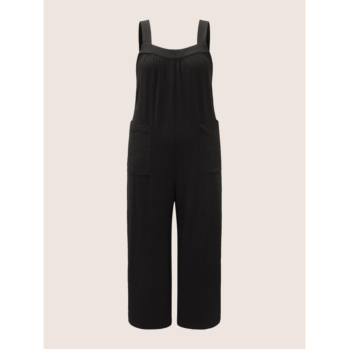 Plus Size Black Plain Pleated Wide Leg Jumpsuit Women Casual Sleeveless Square Neck Everyday Loose Jumpsuits BloomChic 18-20/2X Product Image