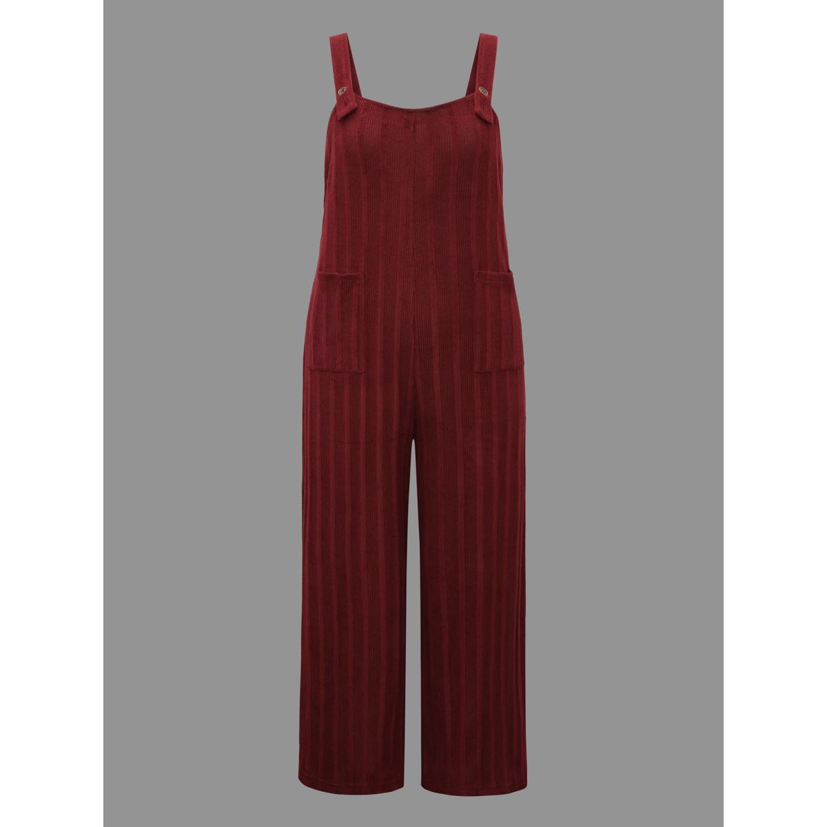 Plus Size Burgundy Textured Pockets Straight Leg Overall Women Casual Sleeveless Non Everyday Loose Jumpsuits BloomChic 12/L Product Image