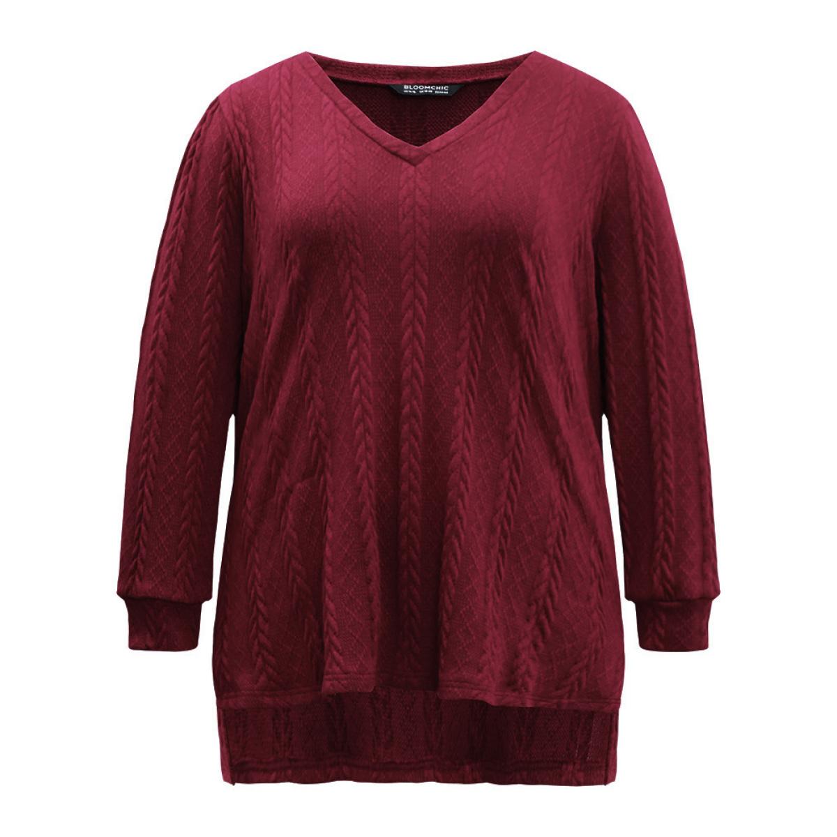 Plus Size Plain Cable Knit Elastic Cuffs Sweatshirt Women Raspberry Casual Texture V-neck Dailywear Sweatshirts BloomChic 30/6X Product Image