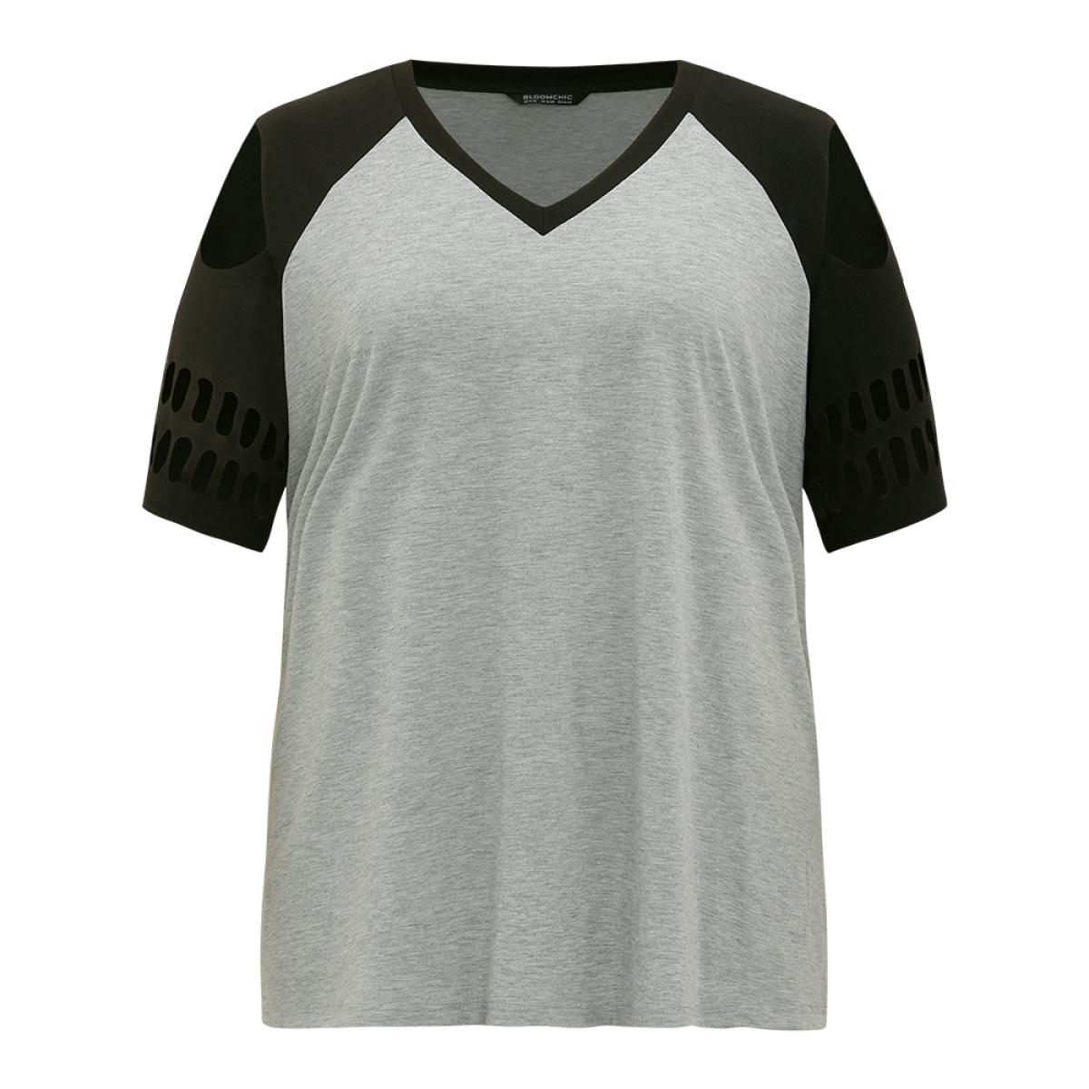 Plus Size Halloween Skull Cut Out Raglan Sleeve T-shirt Gray Women Casual Patchwork Graphic-Halloween V-neck Festival-Halloween T-shirts BloomChic 12/L Product Image