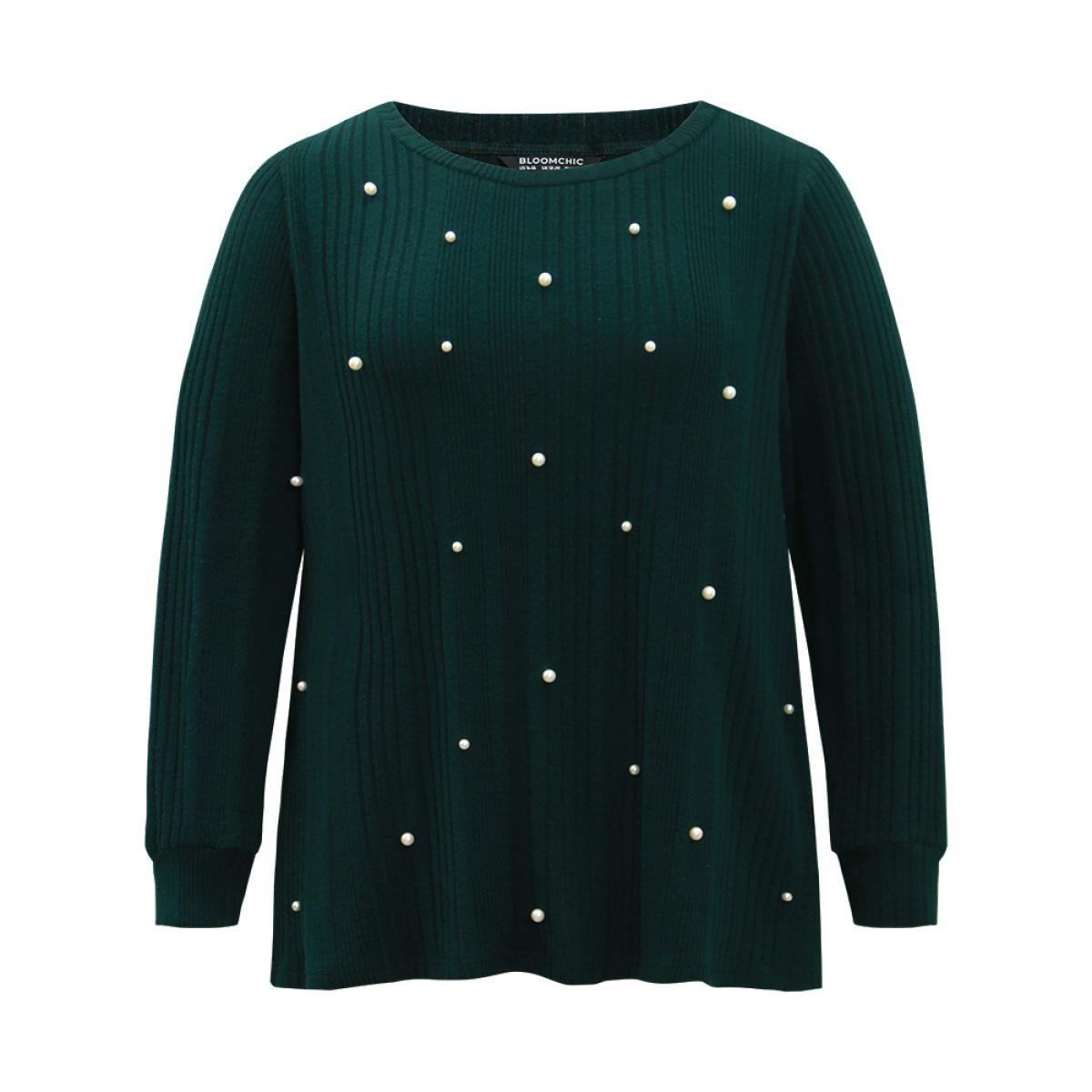 Plus Size Plain Rib Knit Pearl Beaded Sweatshirt Women DarkGreen Elegant Texture Round Neck Dailywear Sweatshirts BloomChic 12/L Product Image