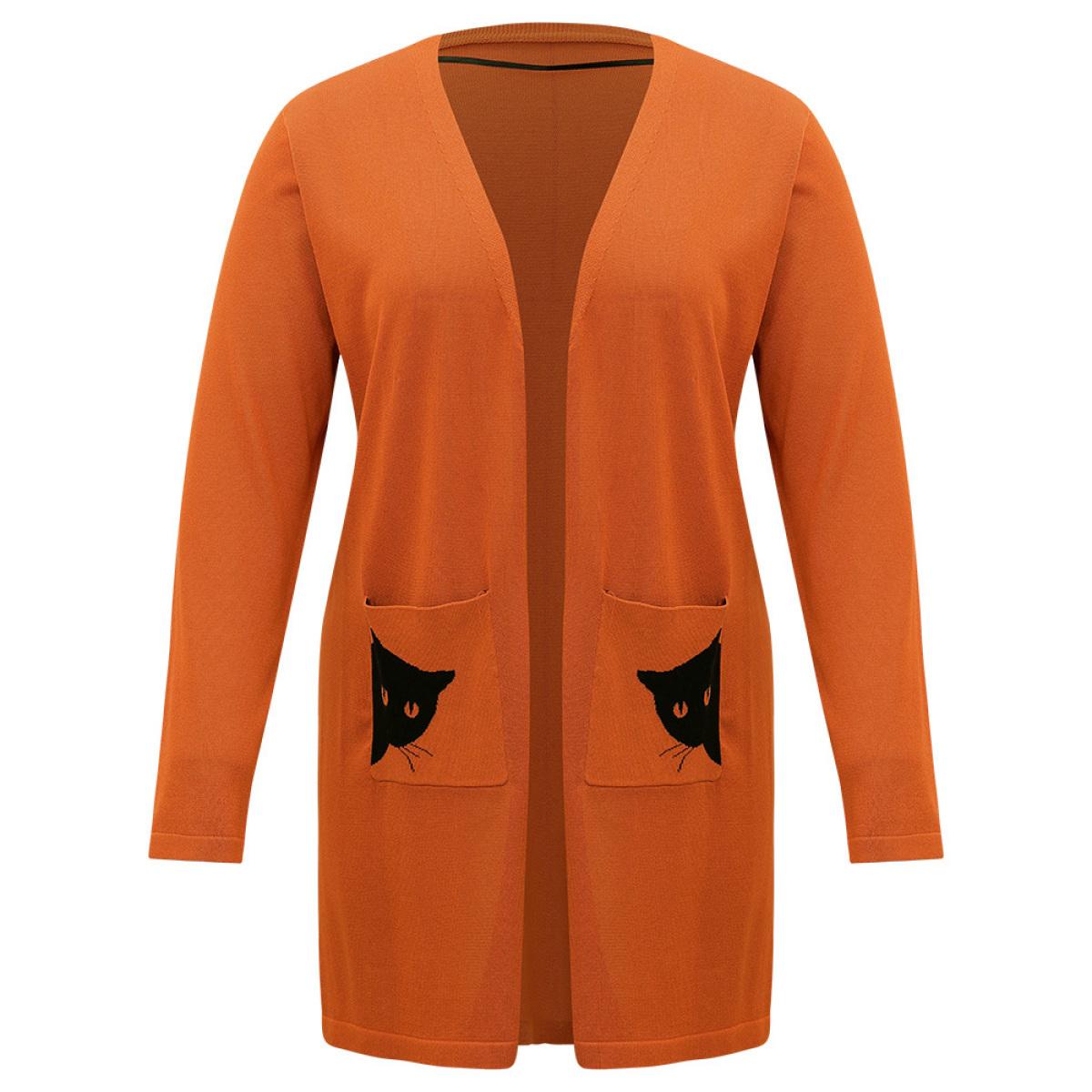 Plus Size Halloween Cat Print Split Side Patched Pocket Cardigan Coral Women Casual Loose Long Sleeve Festival-Halloween Cardigans BloomChic 10/M Product Image