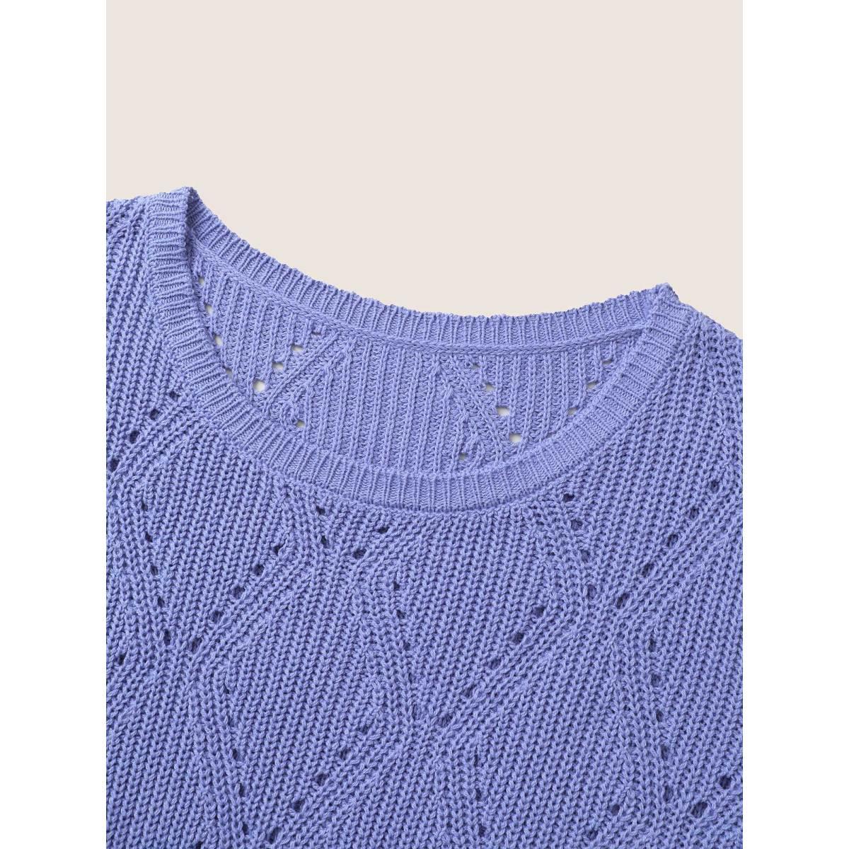 Plus Size Cotton Blended Geometric Hollow Out Pullover BlueViolet Women Casual Elbow-length sleeve Round Neck Everyday Pullovers BloomChic 30/6X Product Image