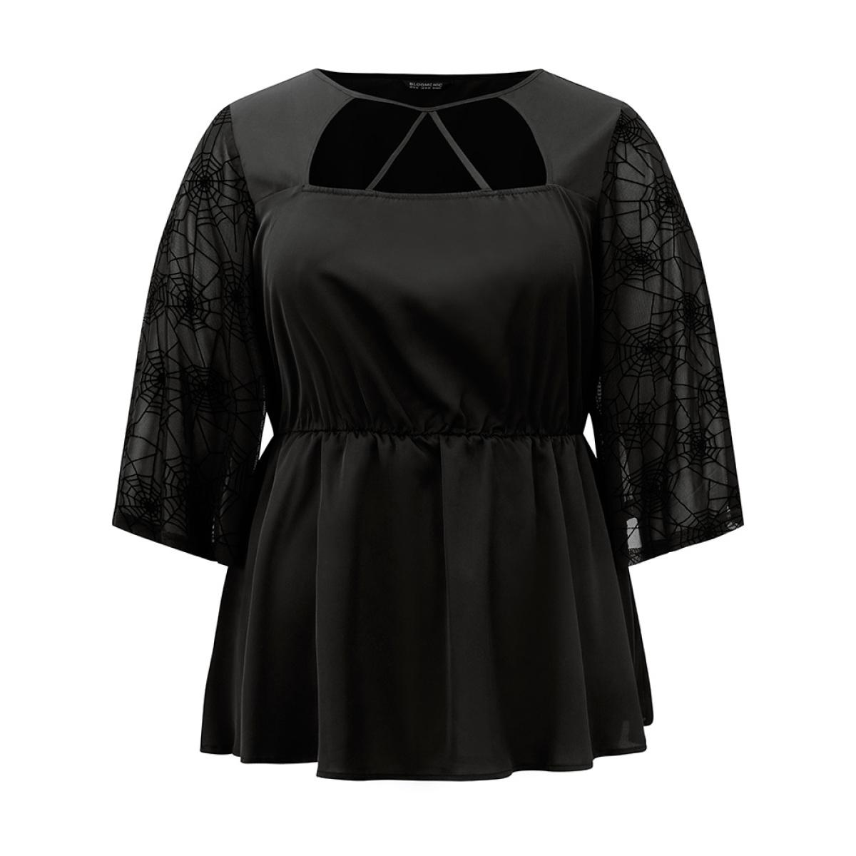 Plus Size Black Halloween Cut Out Elastic Waist Guipure Lace Blouse Women Elegant Elbow-length sleeve Keyhole Cut-Out Festival-Halloween Blouses BloomChic 14-16/1X Product Image