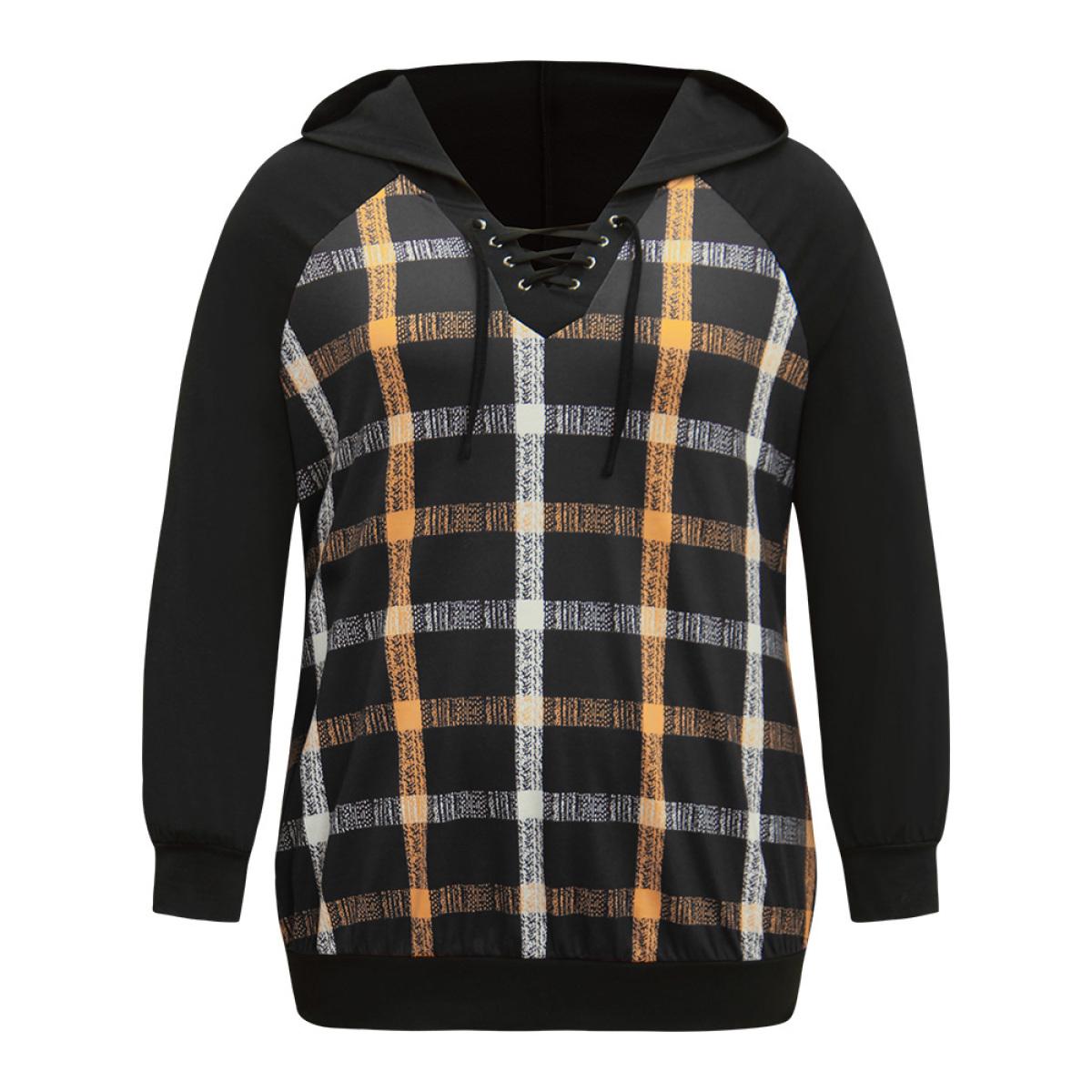 Plus Size Plaid Contrast Raglan Sleeve Lace Up Hooded Sweatshirt Women Black Casual Contrast Hooded Dailywear Sweatshirts BloomChic 18-20/2X Product Image