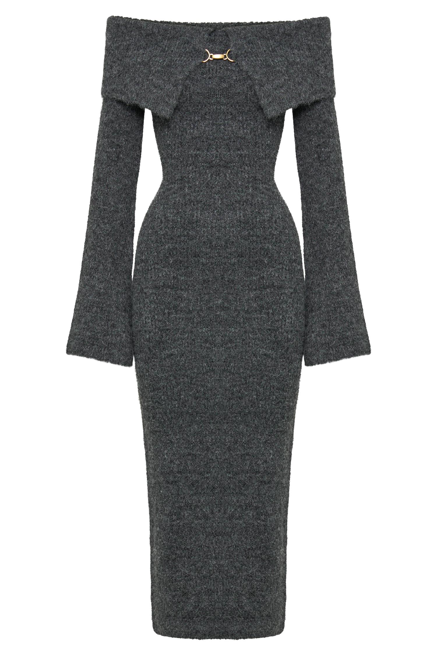 Baxter Off Shoulder Fluffy Knit Midi Dress - Charcoal Product Image