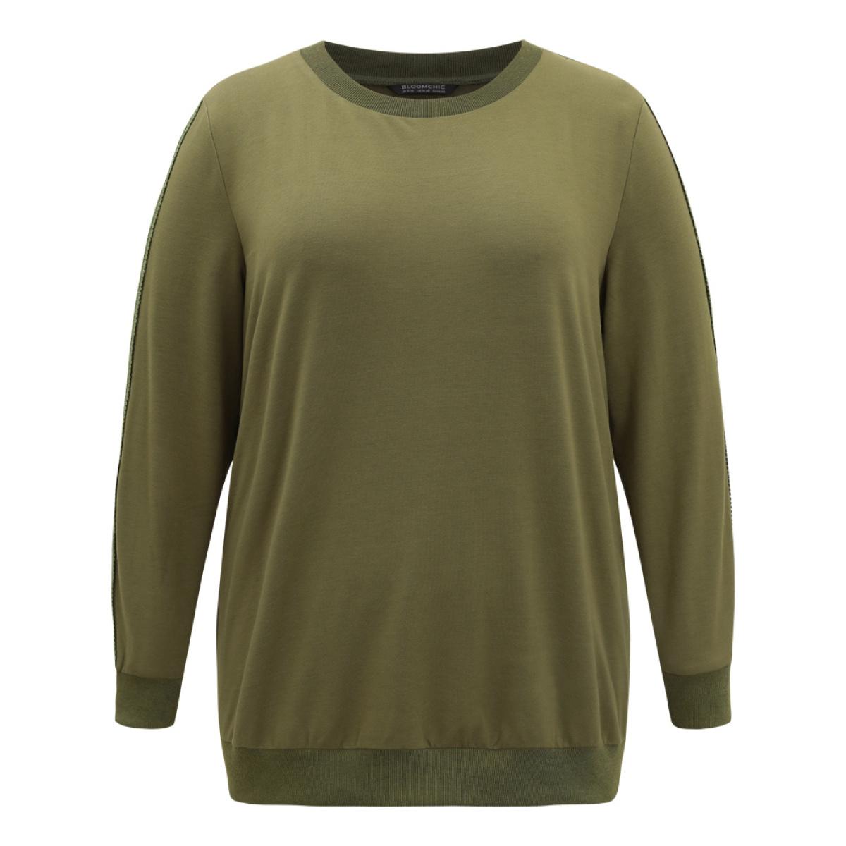 Plus Size Guipure Lace Solid Elastic Hem Sweatshirt Women Olive Elegant Rib Knit Round Neck Dailywear Sweatshirts BloomChic 28/5X Product Image