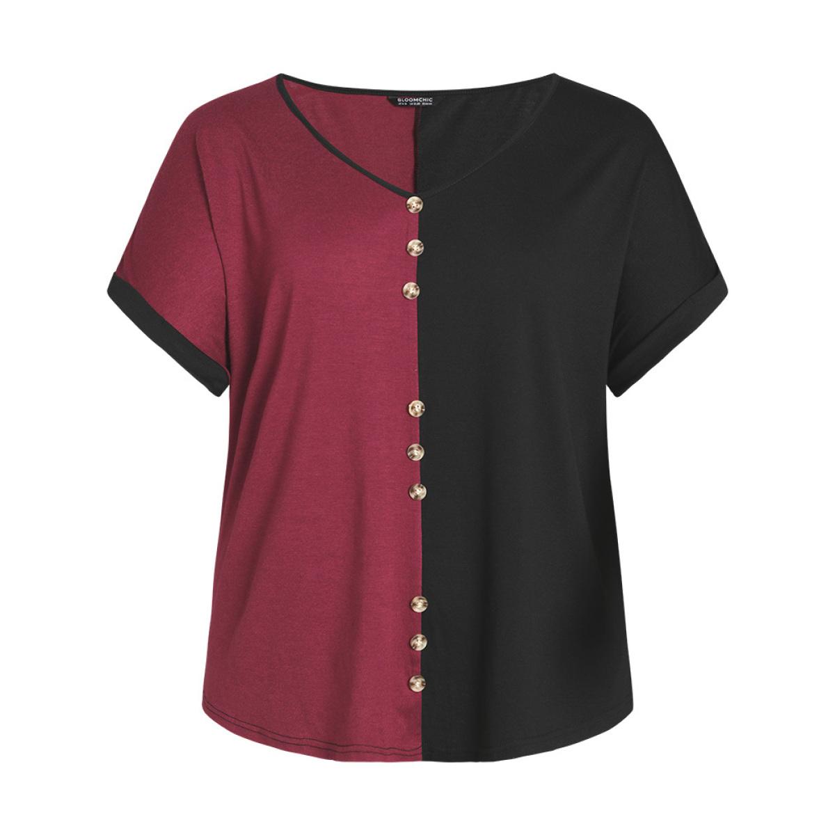Plus Size Colorblock Contrast Button Detail Roll Batwing Sleeve T-shirt Black Women Casual Contrast Colorblock Scoop Neck Dailywear T-shirts BloomChic 12/L Product Image