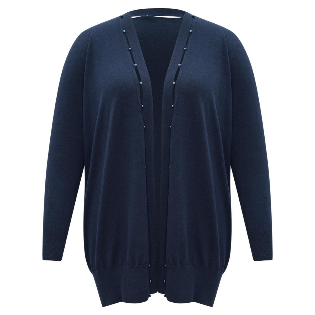 Plus Size Supersoft Essentials Plain Hollow Out Pearl Beaded Open Front Cardigan Indigo Women Casual Loose Long Sleeve Dailywear Cardigans BloomChic 30/6X Product Image