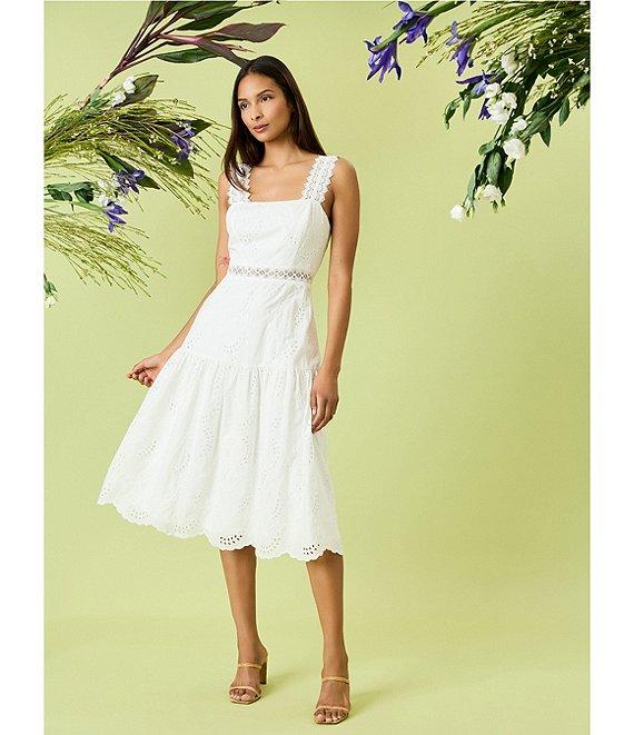 Donna Morgan Eyelet Square Neck Sleeve Lace Trim Blouson Midi Dress Product Image