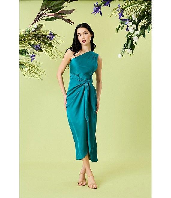 Donna Morgan One Shoulder Tie Waist Draped Skirt Midi Dress Product Image