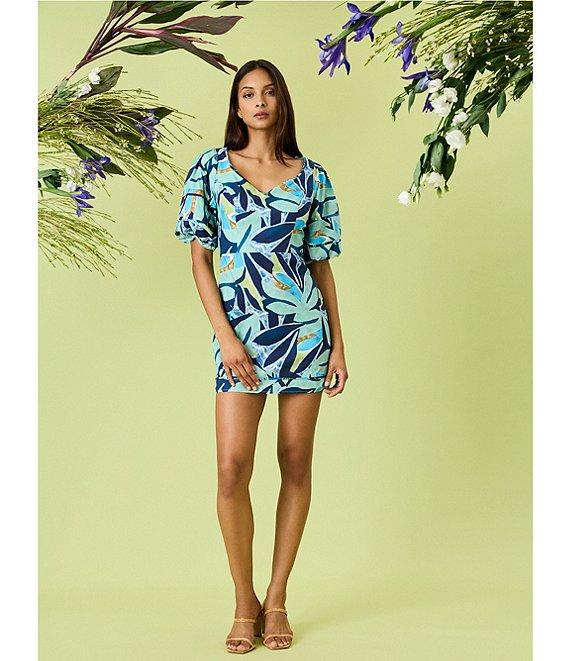 Donna Morgan Poplin Floral Print Sweetheart Neck Short Sleeve Sheath Mini Dress Product Image