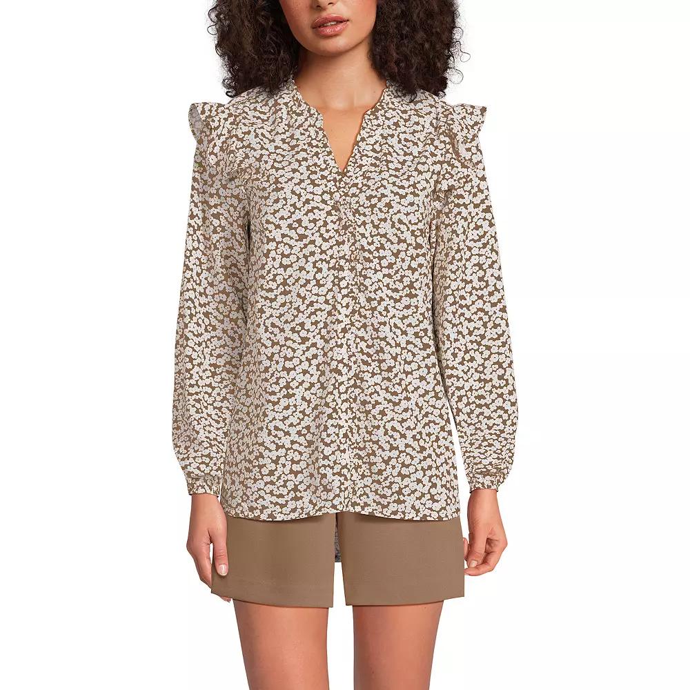 Women's Lands' End Cotton Voile Ruffle Shirt, Size: Medium, Beige Tossed Blooms Product Image