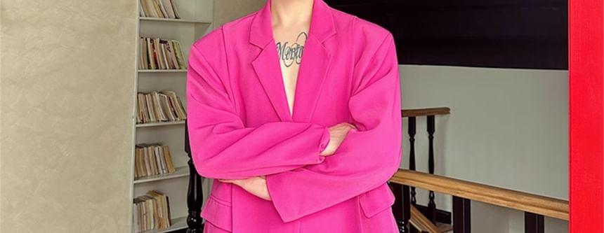 Set: Lapel Collar Plain Slit Button Blazer + Mid Rise Plain Dress Pants Product Image