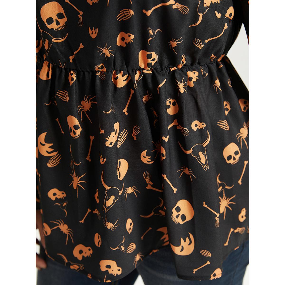 Plus Size Black Halloween Print Elastic Waist Crew Neck Lantern Sleeve Blouse Women Elegant Long Sleeve Round Neck Festival-Halloween Blouses BloomChic 10/M Product Image