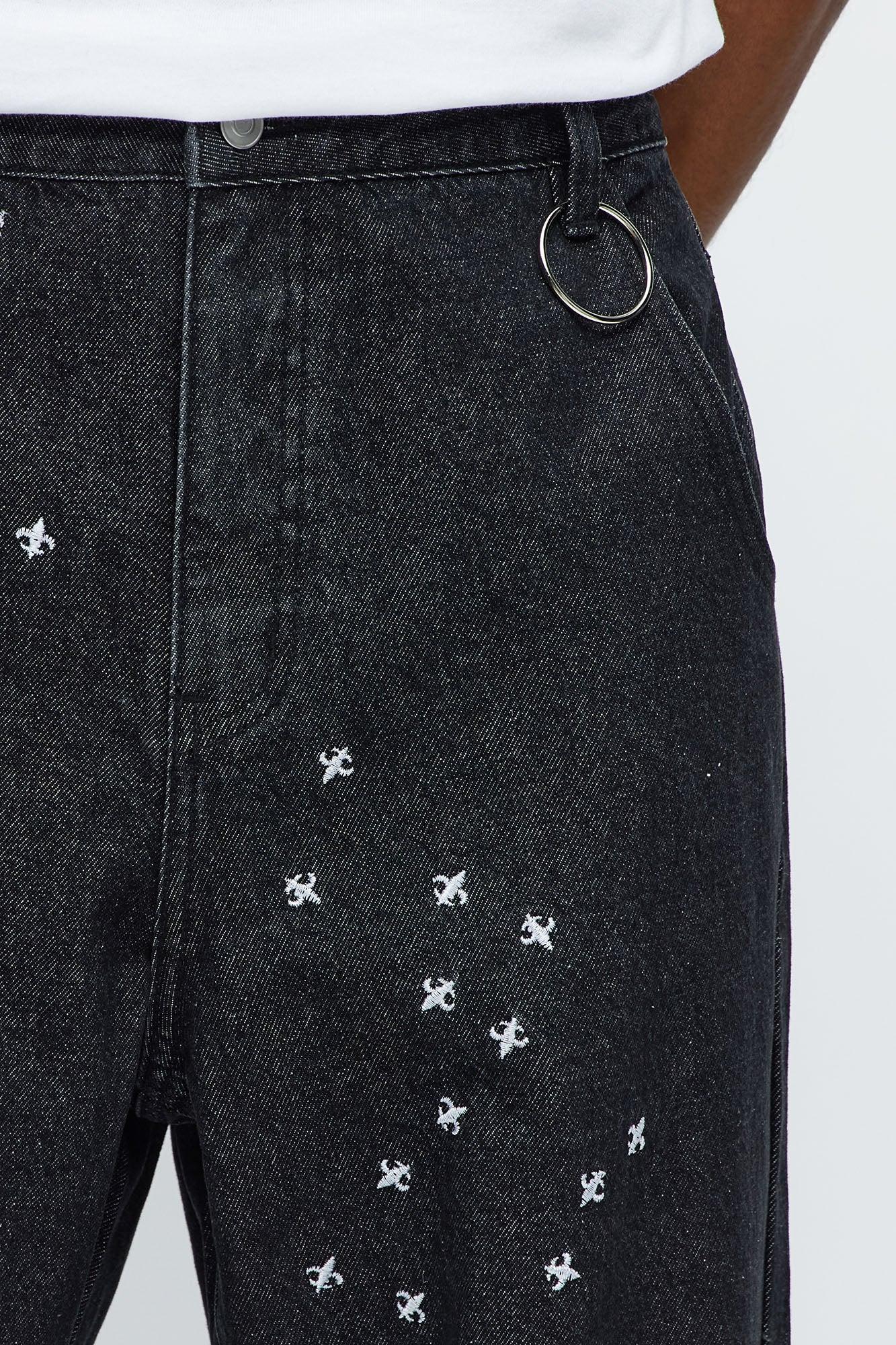 Baggy Embroidered Crosses Jeans - Black Male Product Image
