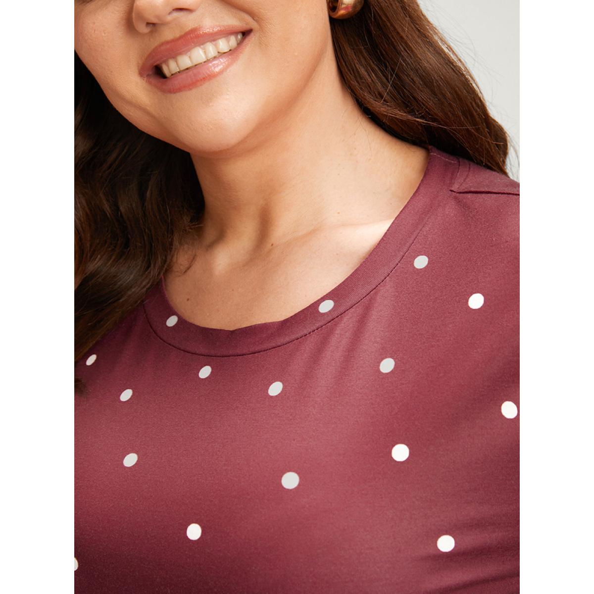 Plus Size Polka Dot Pocket Round Neck Midi Dress DustyPink Women Elegant Pocket Round Neck Long Sleeve Curvy Midi Dress BloomChic 14-16/1X Product Image