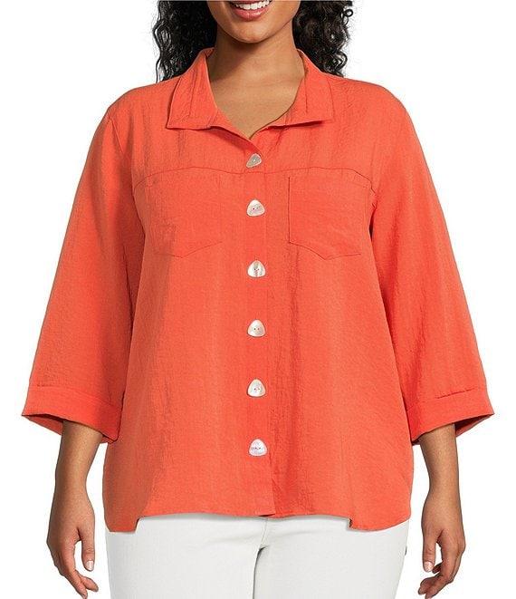 John Mark Plus Size Solid Woven Wire Collared Button Front 3/4 Sleeve Camp Shirt Product Image