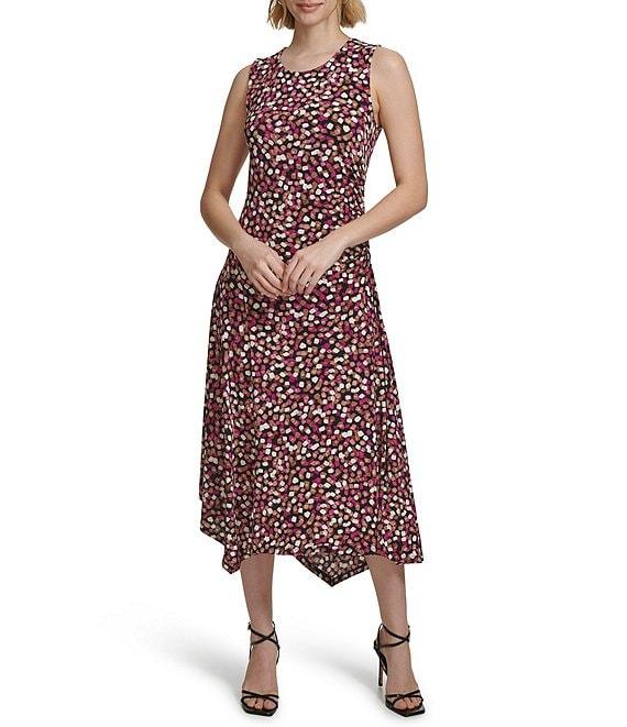 Calvin Klein Abstract Printed Crew Neckline Sleeveless Asymmetrical Hem Dress Product Image