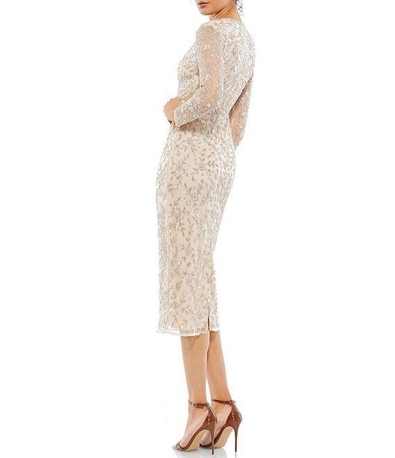 Mac Duggal Beaded Crew Neck 3/4 Sheer Sleeve Midi Dress Product Image