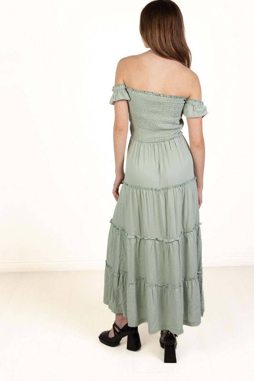 Spring Green Over The Shoulder Tiered Maxi Dress Product Image
