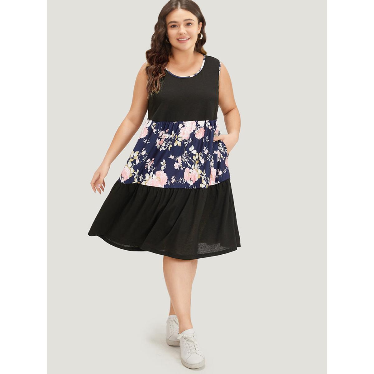 Plus Size Supersoft Essentials Floral Print Patchwork Pocket Tank Dress Black Women Casual Plain Round Neck Sleeveless Curvy Midi Dress BloomChic 26/4X Product Image