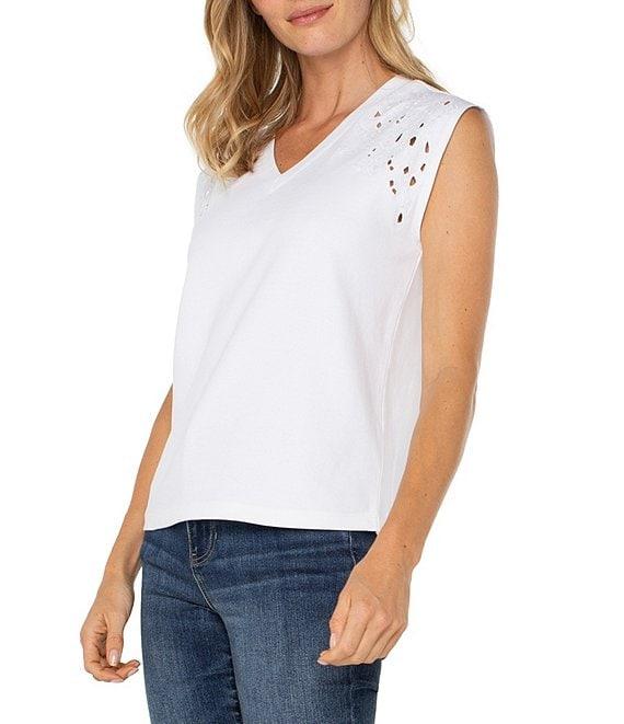 Liverpool Los Angeles Stretch Knit V-Neck Dolman Sleeve Embroidered Top Product Image