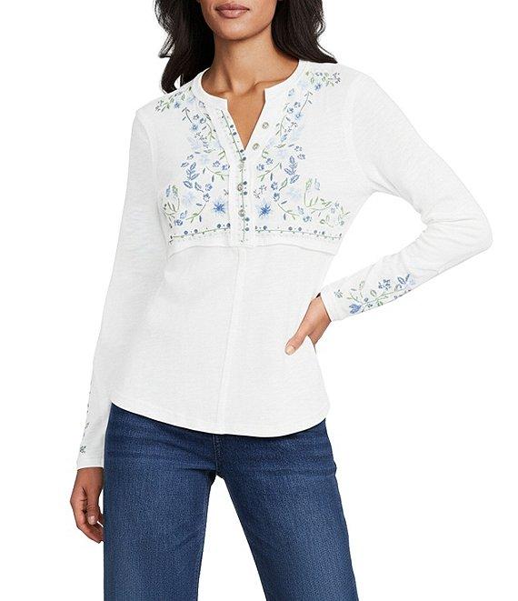 Reba Sedona Jersey Knit V-Neck Long Sleeve Embroidered Henley Top Product Image