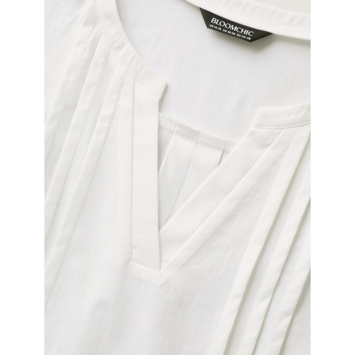 Plus Size Ivory Toothpick Pleats Notched Collar Solid Blouse Women Office Short sleeve Notched collar Office Blouses BloomChic 22-24/3X Product Image