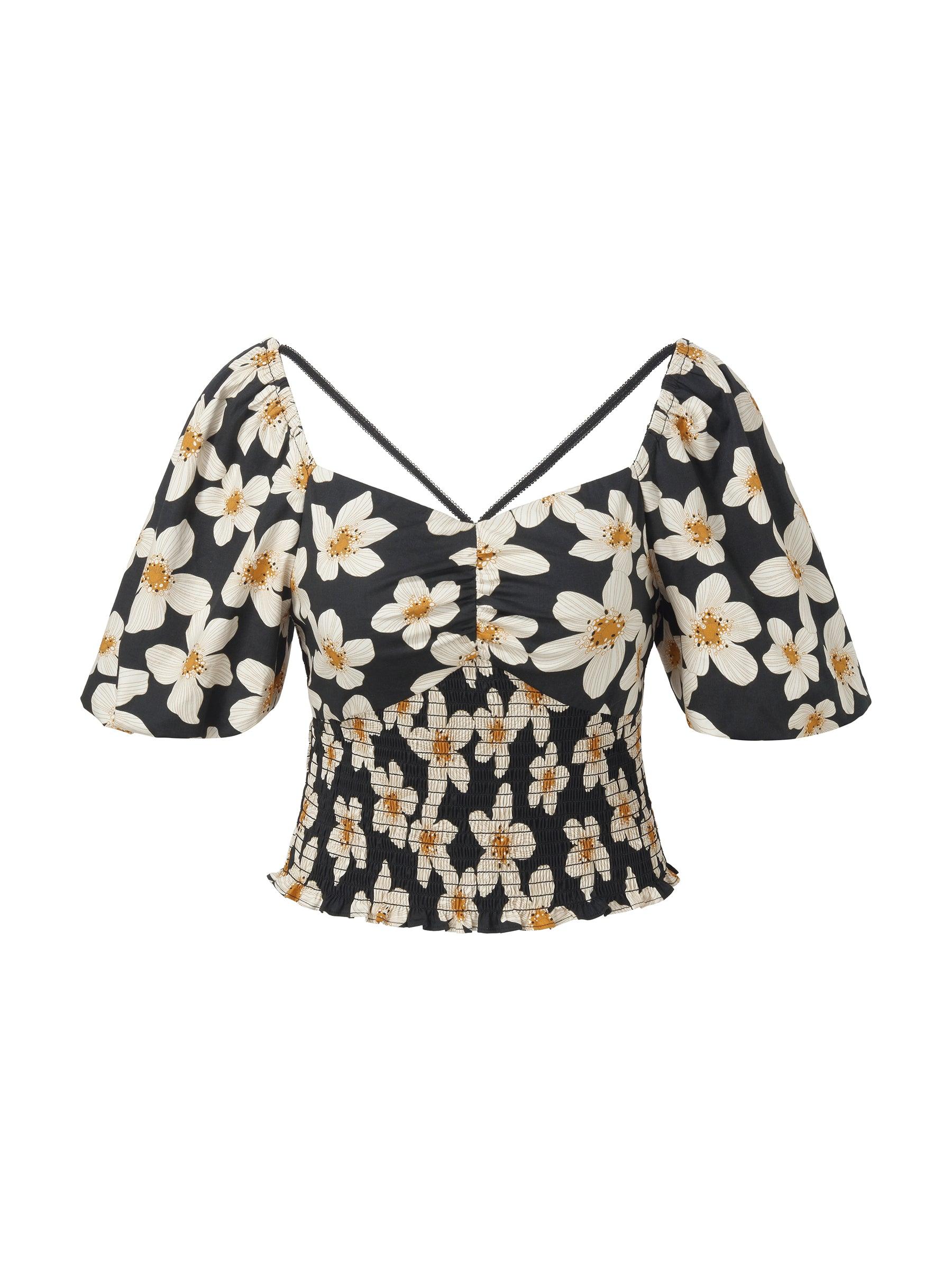 Cotton Stretch Floral Print Women Smocked Top Product Image