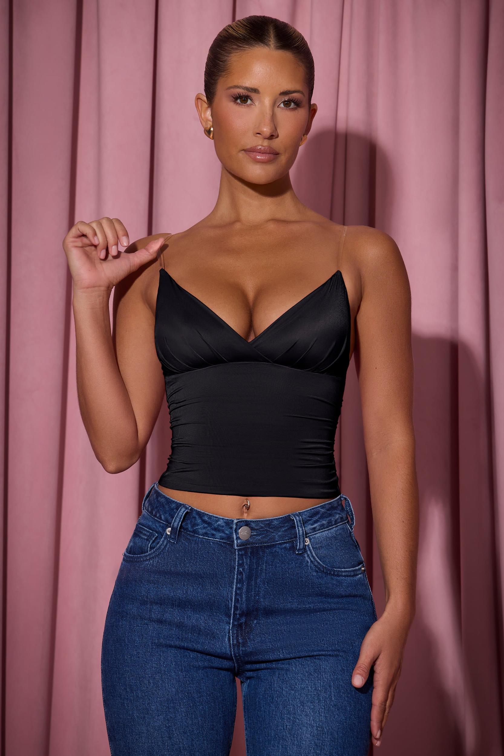 Ruched Plunge-Neck Camisole Top in Black Product Image