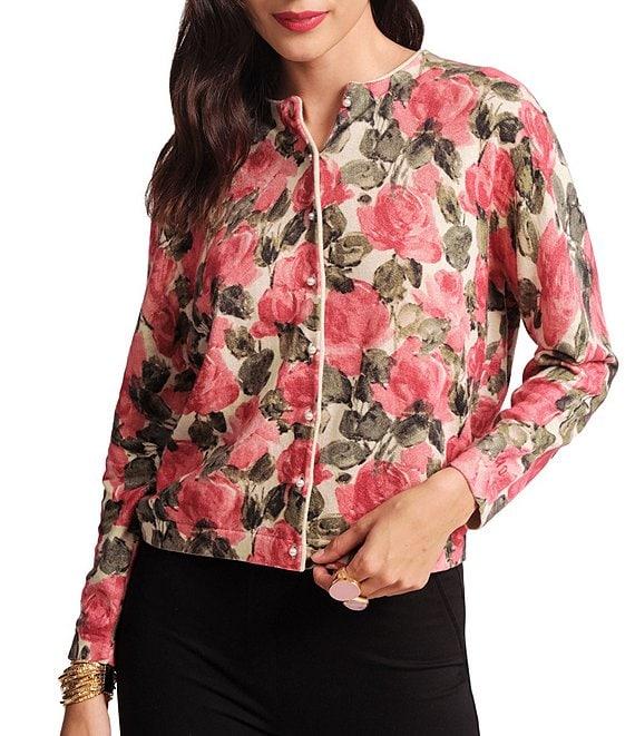 FRANCES VALENTINE Darling Pretty Peonies Crew Neck Long Sleeve Pearl Button Front Cardigan Product Image