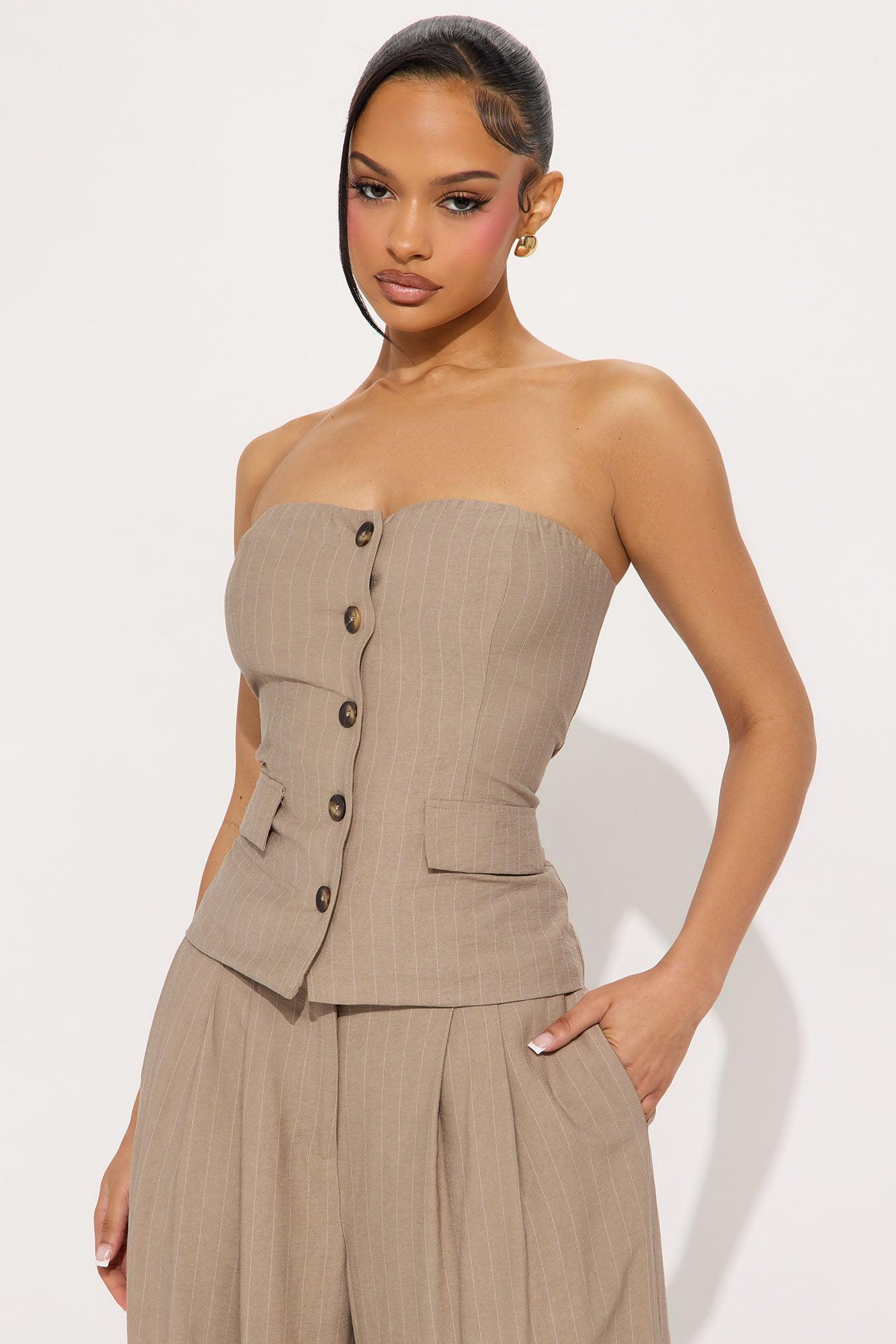 Layla Pinstripe Linen Pant Set - Mocha Product Image