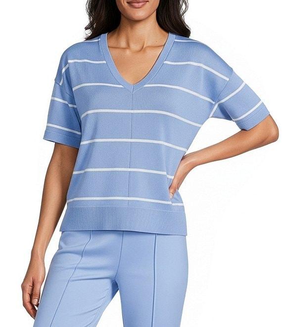 Investments Striped 3/4 Sleeve V-Neck Ribbed Trim Sweater Product Image