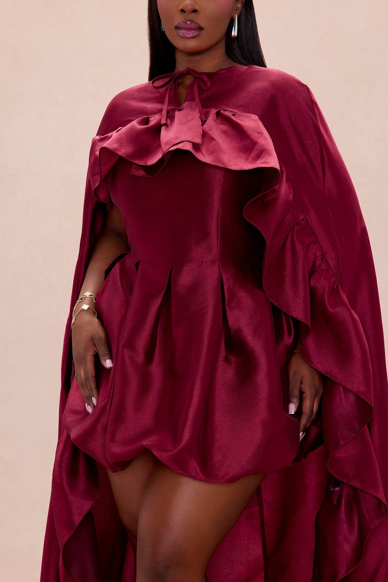 Chic Drama 2 Piece Cape Mini Dress Set - Burgundy Female Product Image