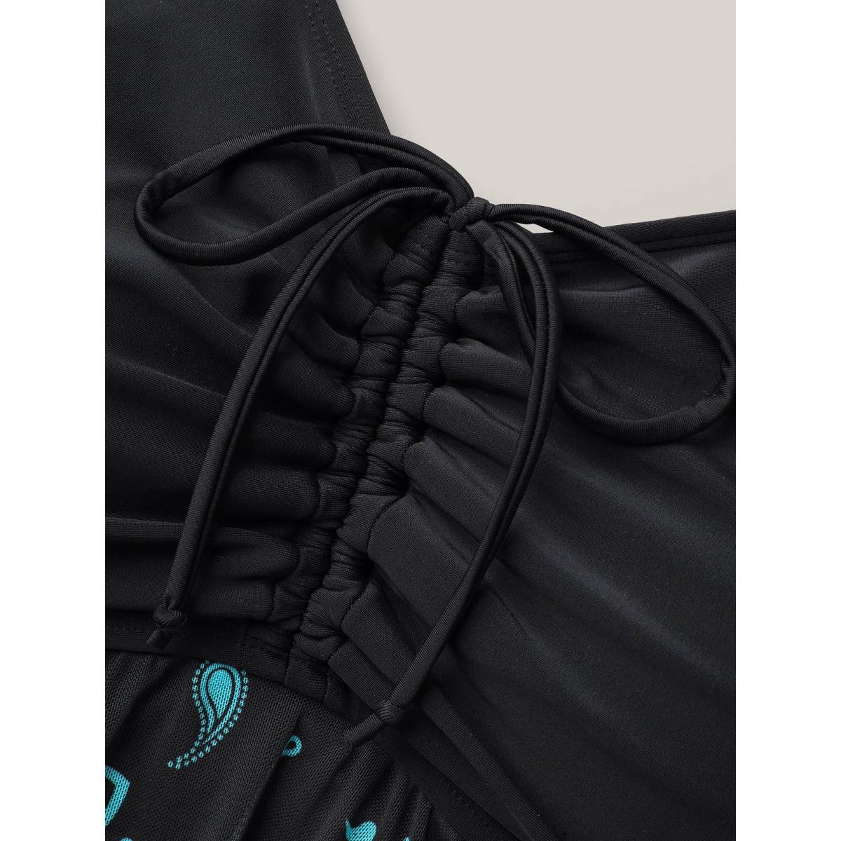 Plus Size Paisley Print Handkerchief Hem Drawstring Swim Top Women's Swimwear Black Resort High stretch Bodycon U-neck Curve Swim Tops BloomChic 28/5X Product Image