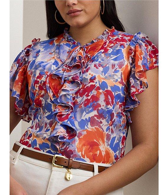 Lauren Ralph Lauren Plus Size Georgette Floral Ruffle Trim V-Neck Flutter Sleeve Blouse Product Image
