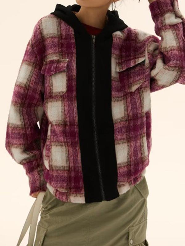 Vintage Plaid Splice Hooded Jacket Product Image