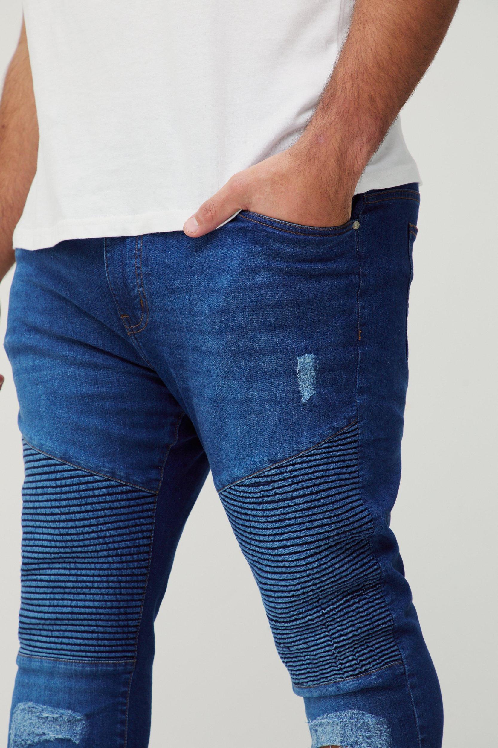 Plus Super Skinny Busted Knee Biker Jeans | boohooMAN USA Product Image