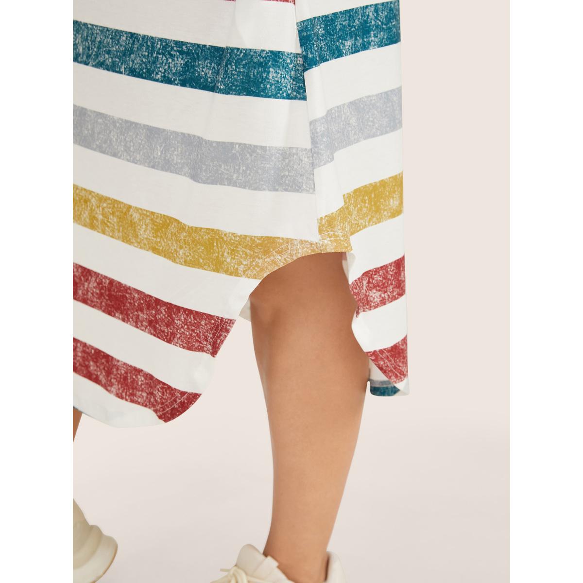 Plus Size Striped Contrast Arc Hem V Neck Pocket Dress Multicolor Women Playful Non V-neck Short sleeve Curvy Midi Dress BloomChic 12/L Product Image