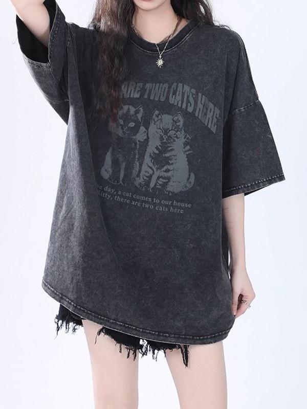 Cat Print Oversized Short Sleeve Tee Product Image