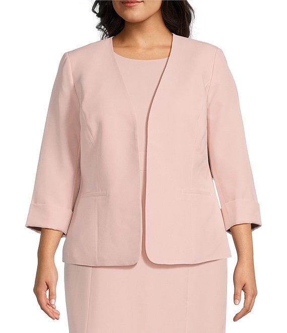 Kasper Plus Size Crepe Rolled Cuff 3/4 Sleeve Open Front Cardigan Jacket Product Image